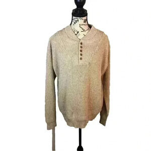 Cabelas Fishermans Sweater Medium Tan Button Front Knit L/S Cotton